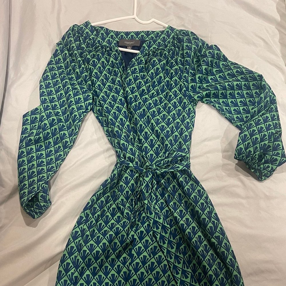 Green and blue mid-length dress